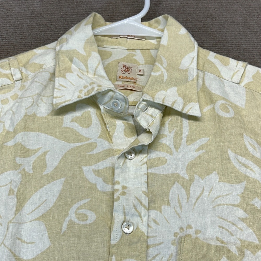 Richards Brasil Hawaiian Shirt Women's 2 Short Sleeve Polo Tan Floral Pure Linen - Picture 4 of 9